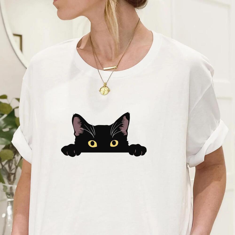 Black Cat Shirt, Cute Witchy Tee, Spooky Kitty Top, Minimalist Peeking